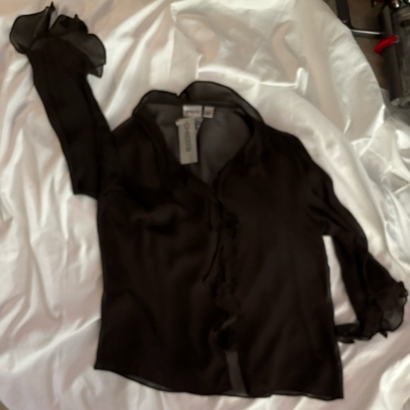 Chico’s silk ruffle top fudge color Flirt long sleeve top Size 2. - Picture 11 of 12